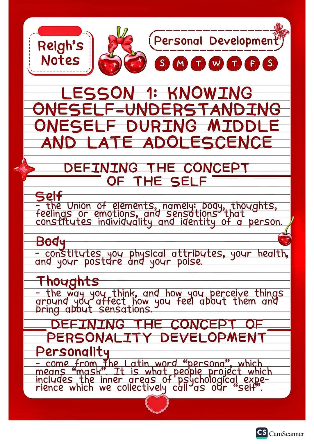 Reigh's
Notes
Personal Development
SMTW
TFS
LESSON 1: KNOWING
ONESELF-UNDERSTANDING
ONESELF DURING MIDDLE
AND LATE ADOLESCENCE
DEFINING THE