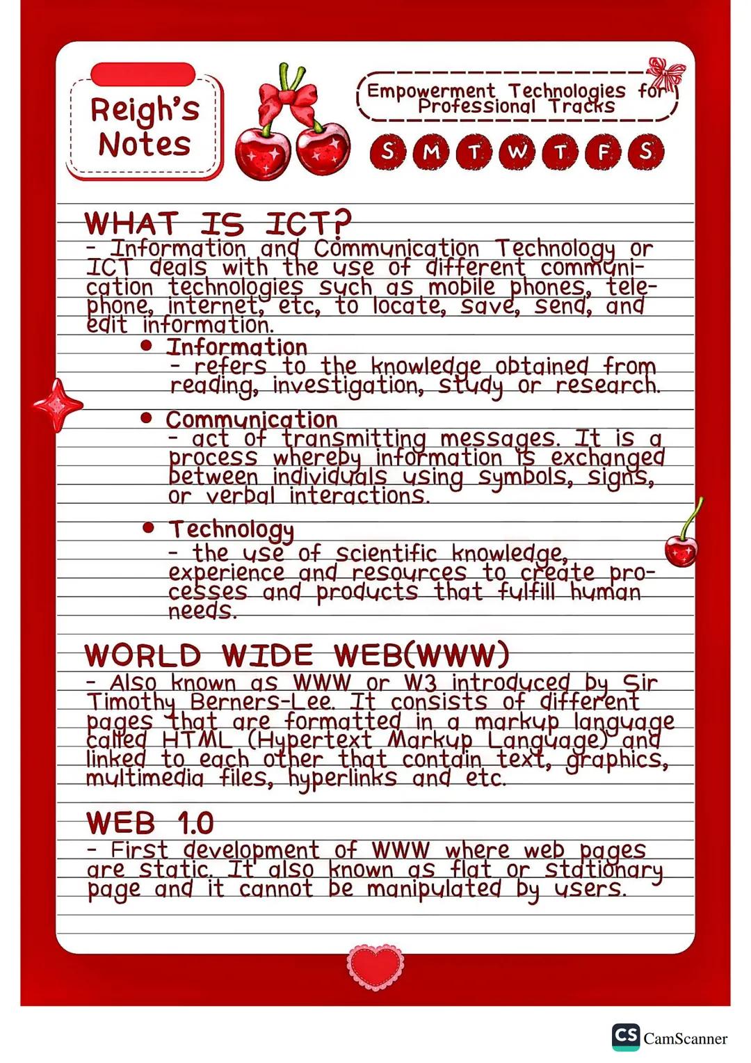 Reigh's
Notes
WHAT IS ICT?
Empowerment Technologies for
Professional Tracks
SMTW
TFS
- Information and Communication Technology or
ICT deals