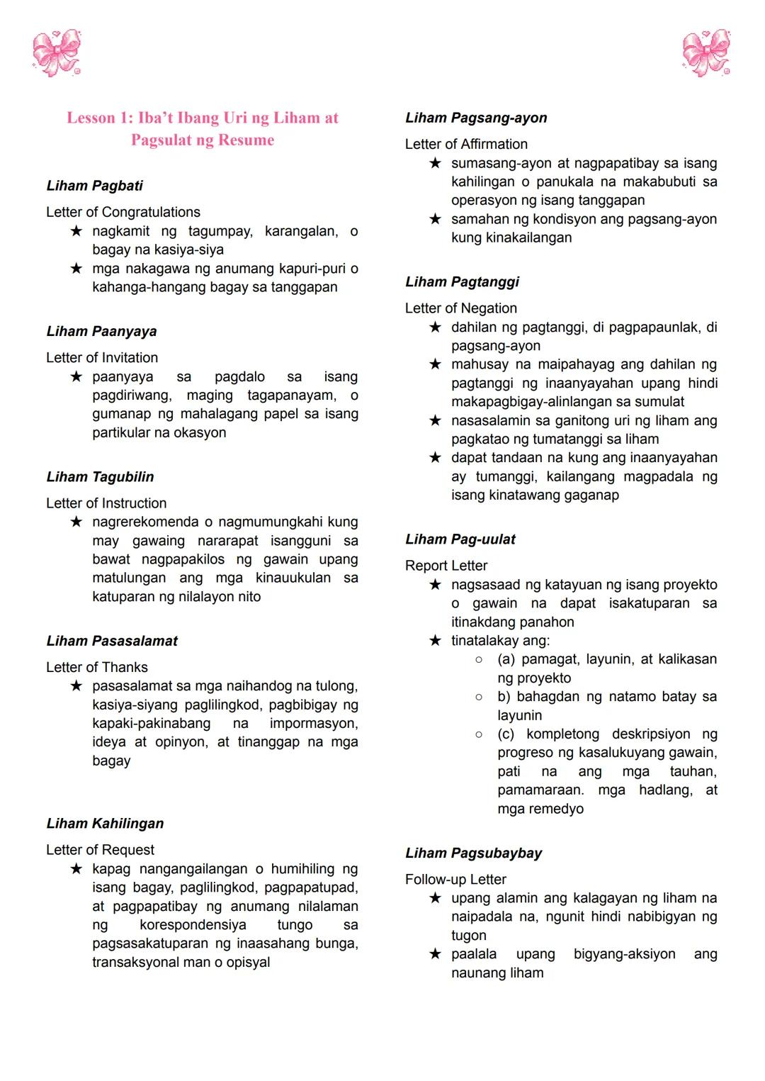 Lesson 1: Iba't Ibang Uri ng Liham at
Pagsulat ng Resume
Liham Pagbati
Letter of Congratulations
★ nagkamit ng tagumpay, karangalan, o
bagay