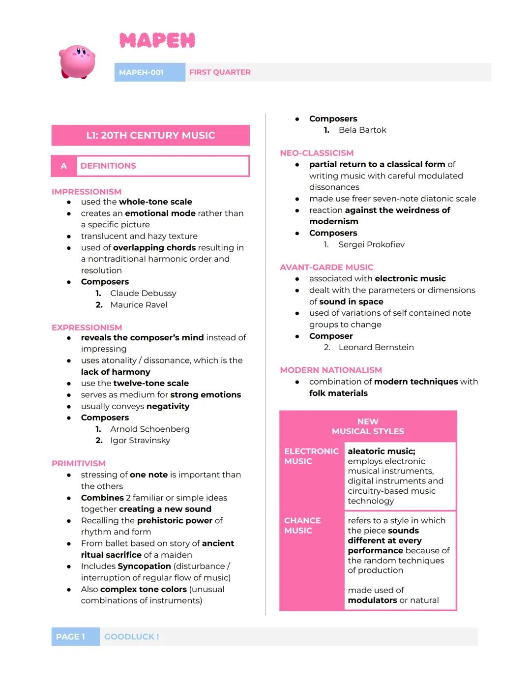MAPEN
MAPEH-001
FIRST QUARTER
L1: 20TH CENTURY MUSIC
A
DEFINITIONS
IMPRESSIONISM
- used the whole-tone scale
- creates an emotional mode rat