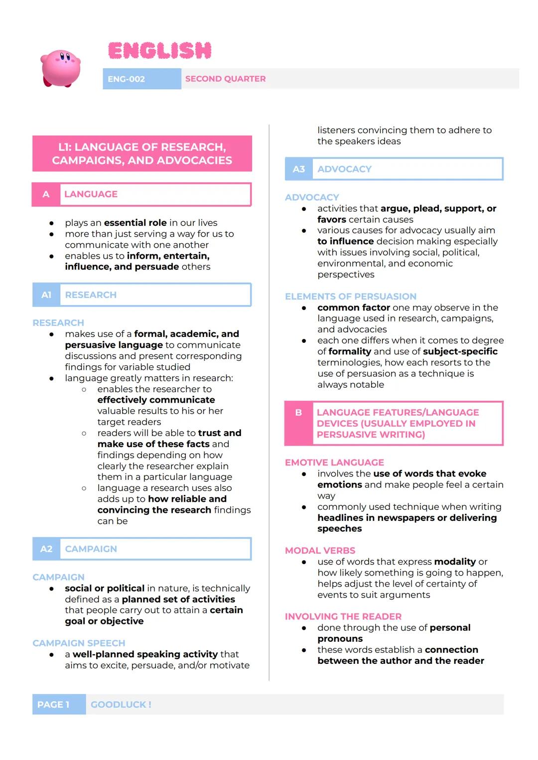 ENGLISH
ENG-002
SECOND QUARTER
L1: LANGUAGE OF RESEARCH,
CAMPAIGNS, AND ADVOCACIES
A
LANGUAGE
plays an essential role in our lives
more than