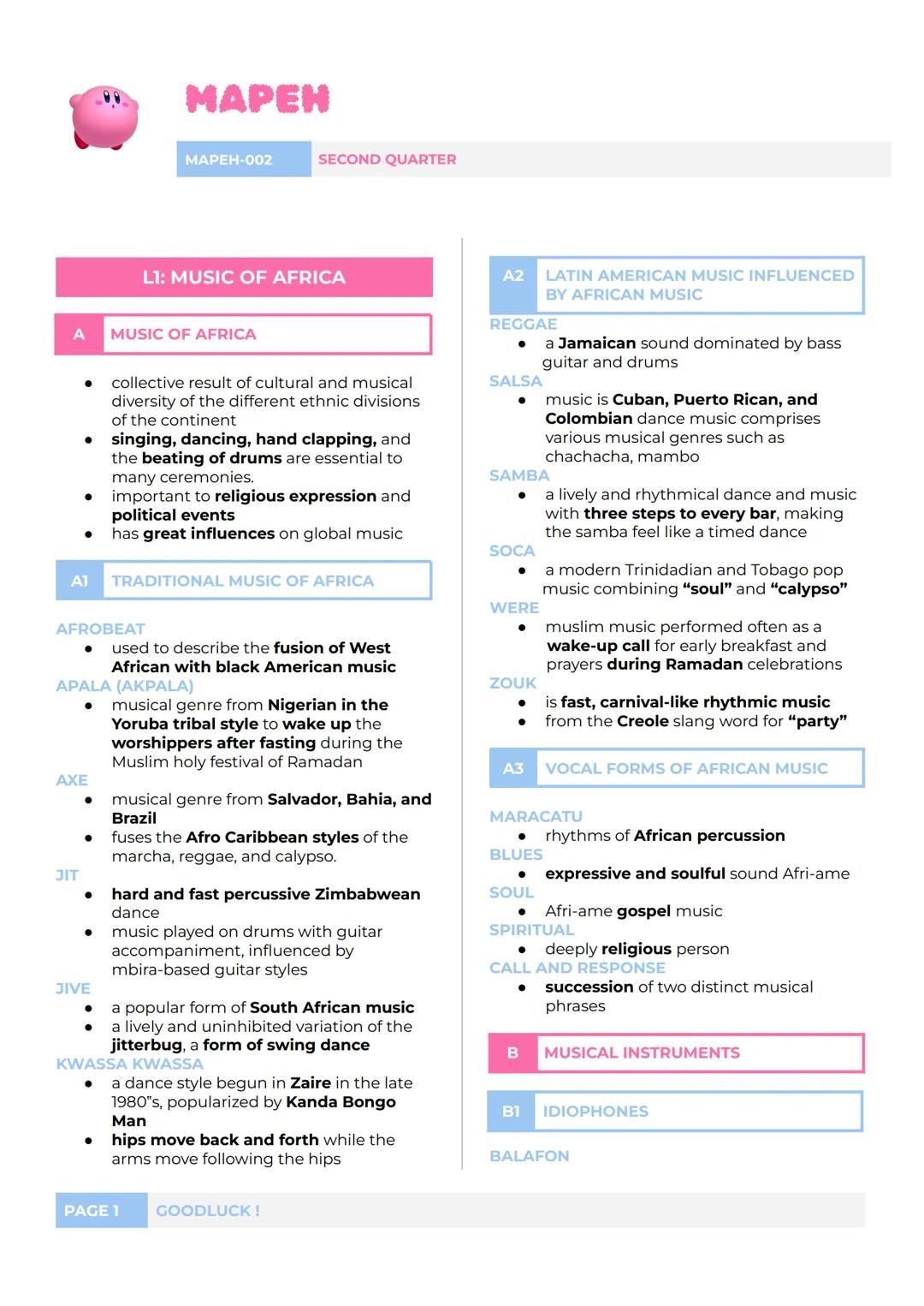 MAPEN
MAPEH-002
SECOND QUARTER
A
L1: MUSIC OF AFRICA
MUSIC OF AFRICA
• collective result of cultural and musical
diverstiy of the different