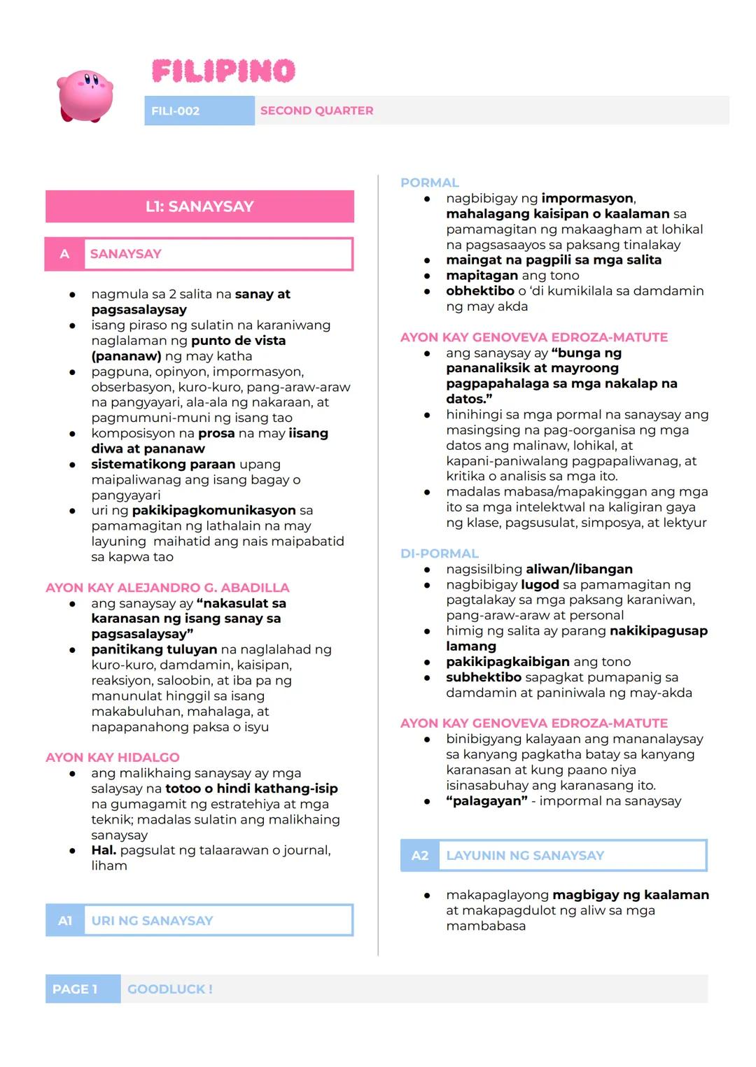 # FILIPINO
FILI-002 SECOND QUARTER
LI: SANAYSAY
A
SANAYSAY
* nagmula sa 2 salita na sanay at pagsasalaysay
* isang piraso ng sulatin na k
