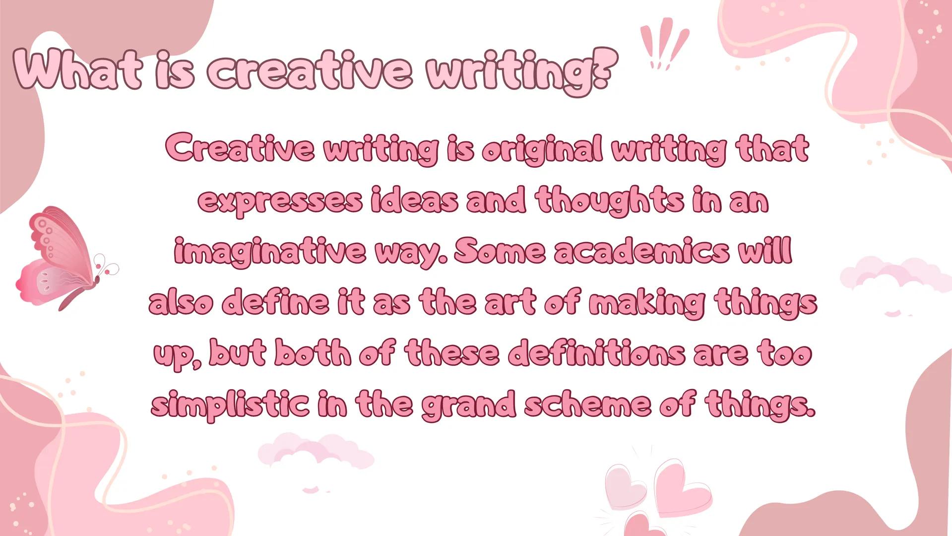 # TYPES OF
CREATIVE
WRITING OBJECTIVES
!
1. To both entertain and share human experience
2. To persuade readers to choose behavior,
suppor