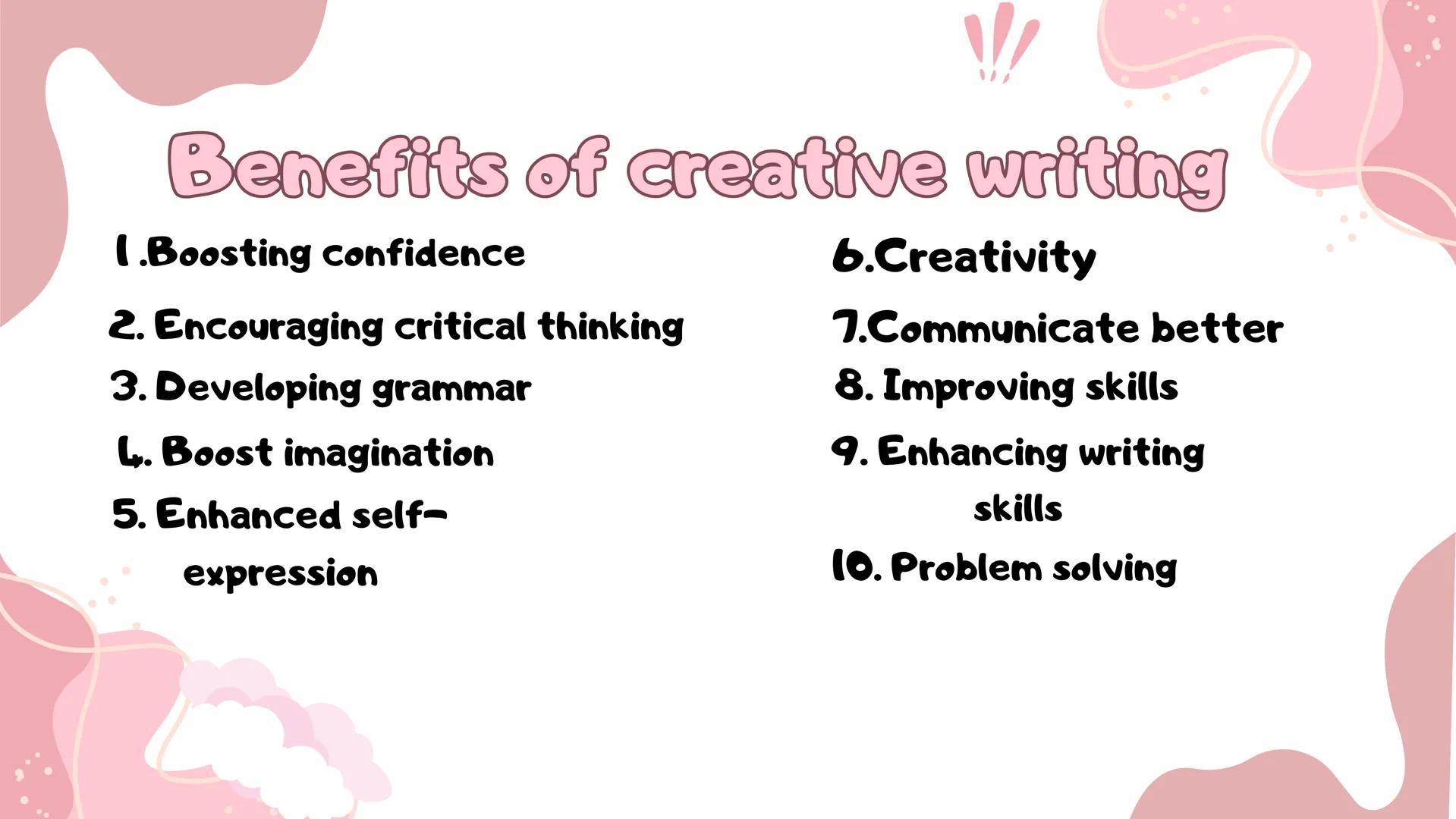 # TYPES OF
CREATIVE
WRITING OBJECTIVES
!
1. To both entertain and share human experience
2. To persuade readers to choose behavior,
suppor