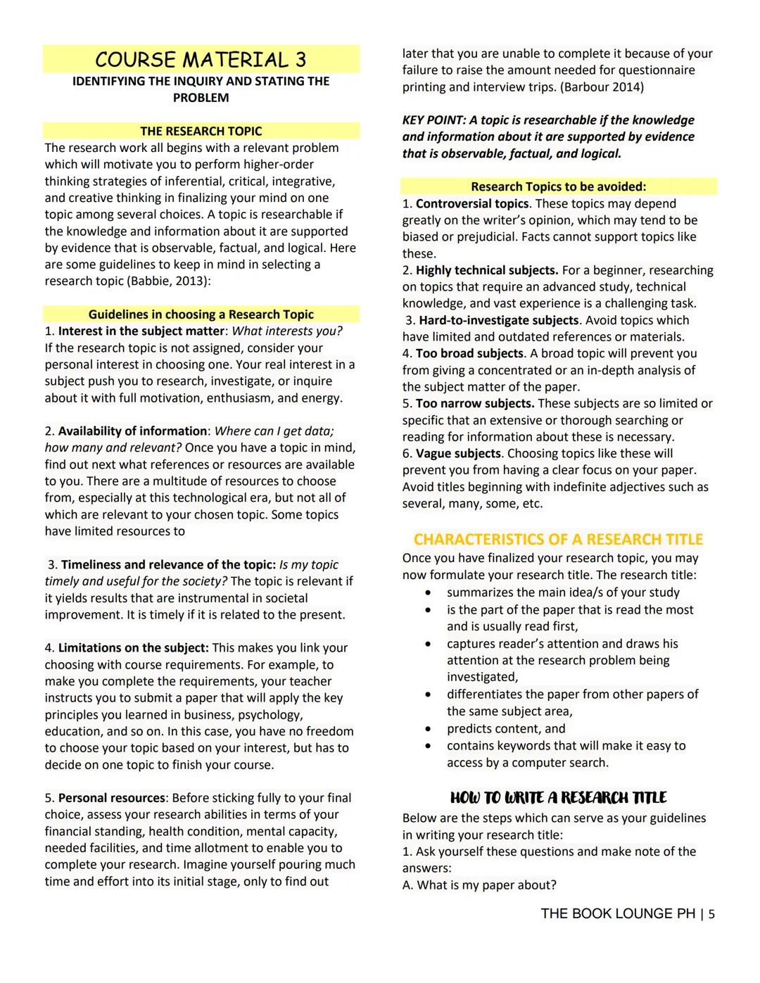 ## GRADE 12 STEM NOTES AND LECTURES
# Practical Research 1
--- THE BOOK LOUNGE PH ---
## COURSE MATERIAL 1
### The Nature of Inquiry and