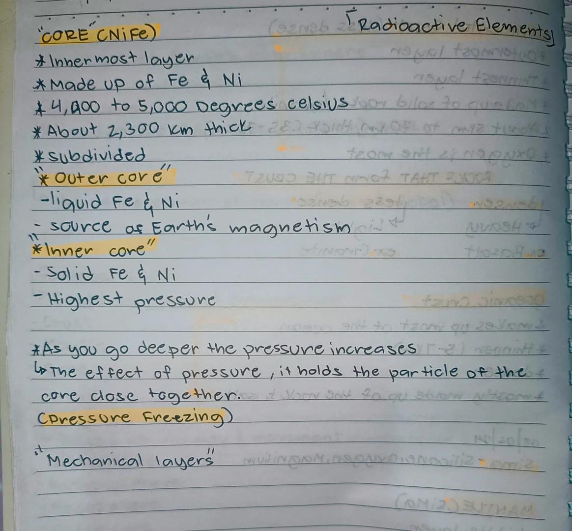 "CORE CNIFE)
*Innermost layer
*Made up of Fe & Ni
*4,000 to 5,000 Degrees celsius
*About 2,300 km thick
*subdivided
*"Outer core"
-liquid F