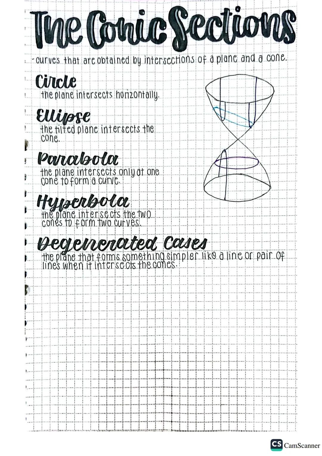 # The Conic Sections
-curves that are obtained by intersections of a plane and a cone.
## Circle
the plane intersects horizontally.
## Ell