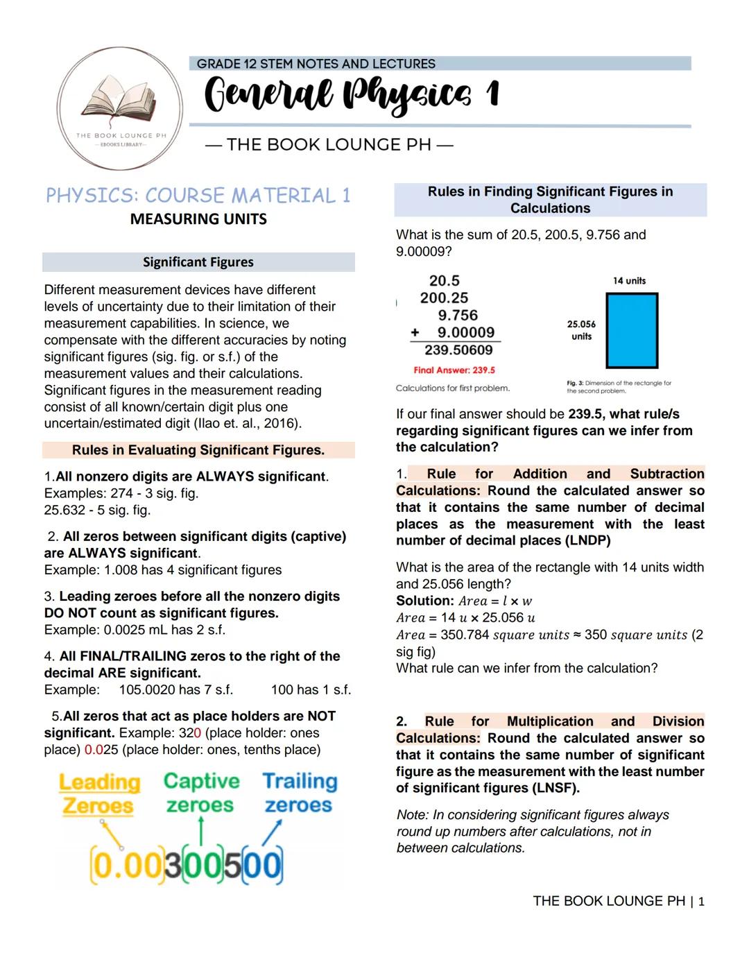 # GRADE 12 STEM NOTES AND LECTURES
# General Physics 1
โ THE BOOK LOUNGE PH โ
# PHYSICS: COURSE MATERIAL 1
## MEASURING UNITS
### Signifi
