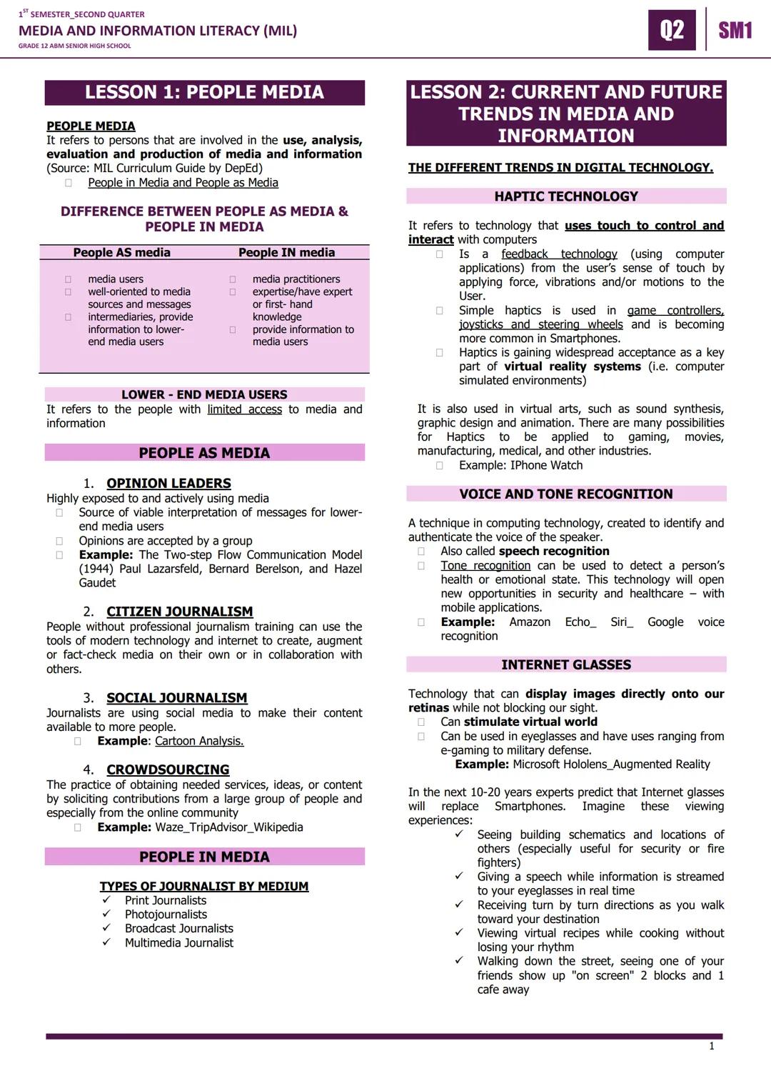 1<sup>st</sup> SEMESTER, SECOND QUARTER
MEDIA AND INFORMATION LITERACY (MIL)
GRADE 12 ABM SENIOR HIGH SCHOOL
LESSON 1: PEOPLE MEDIA
PEOPLE M