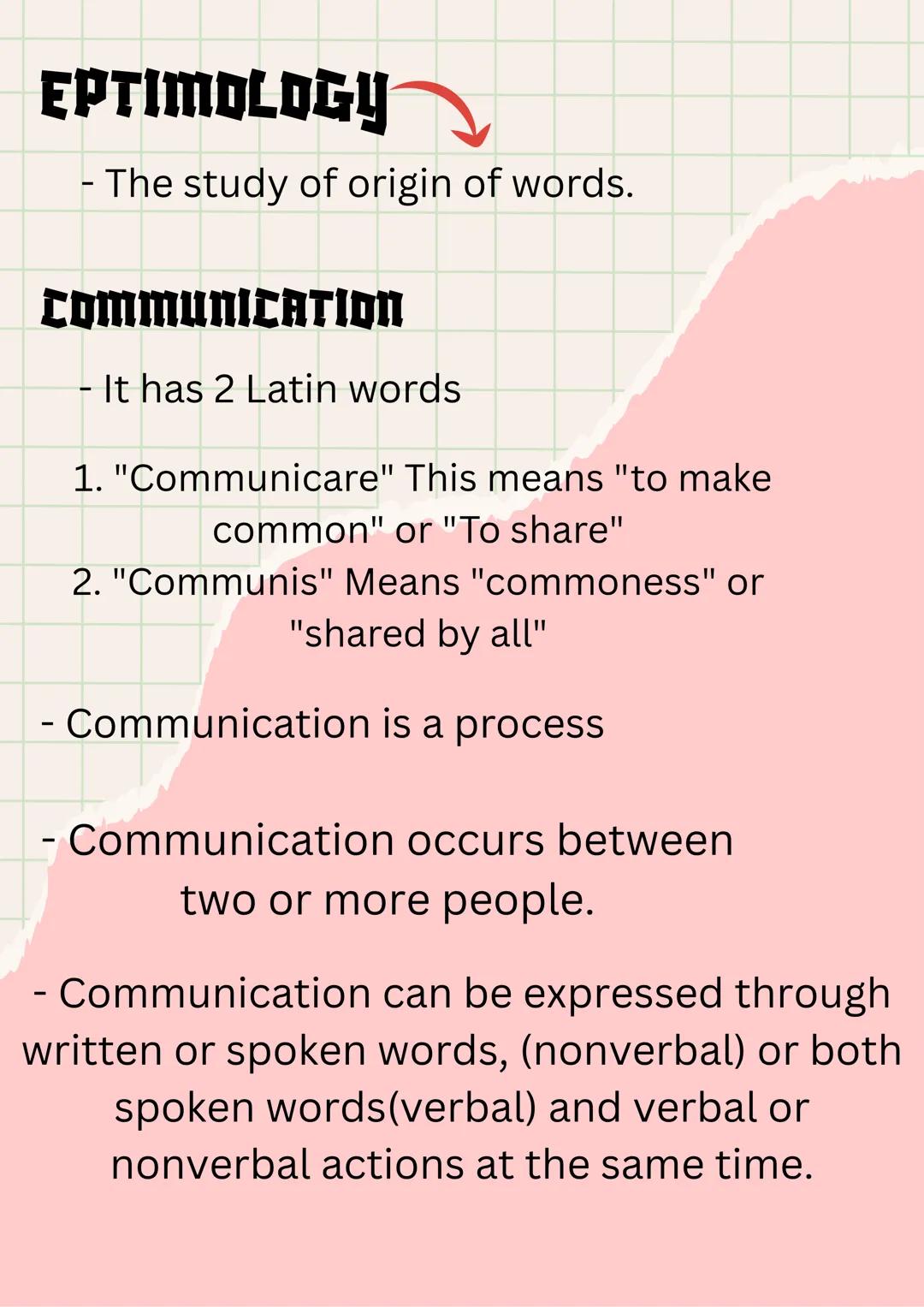 ## ORAL
COMMUNICATION
(PART 1) EPTIMOLOGY
- The study of origin of words.
COMMUNICATION
- It has 2 Latin words
1. "Communicare" This means