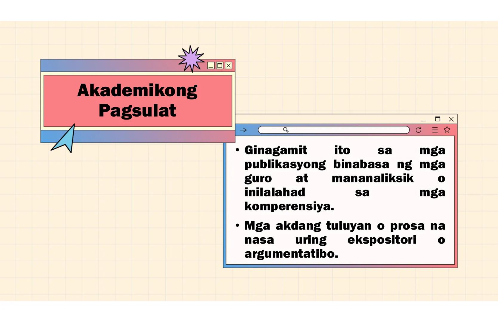 # Ang Akademing Pagsulat
ARALIN 2 Kasanayang
Pampagkatuto
• Nakikilala ang iba't ibang akademikong
sulatin ayon sa layunin, gamit, katangia