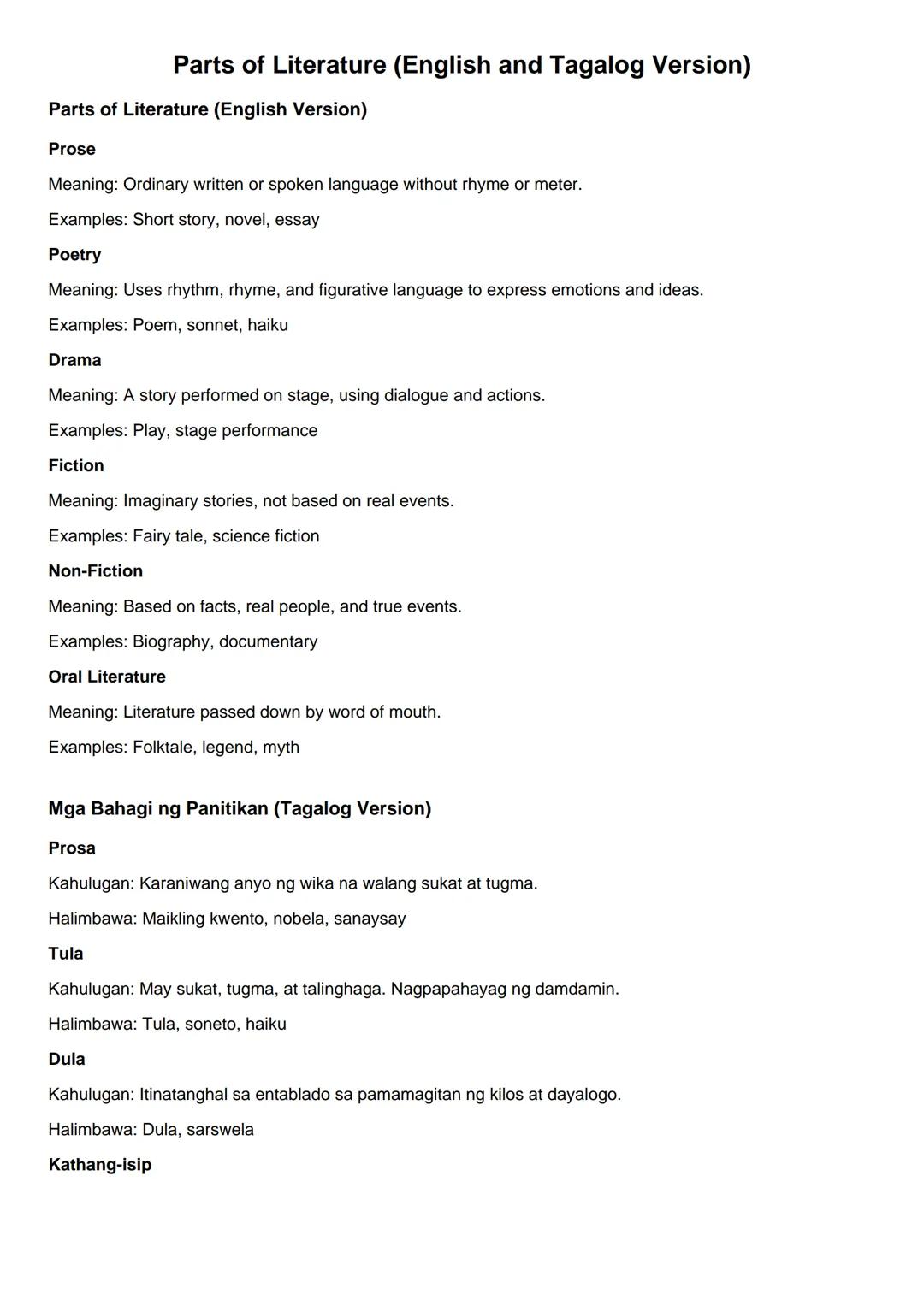 Parts of Literature (English and Tagalog Version)
Parts of Literature (English Version)
Prose
Meaning: Ordinary written or spoken language w