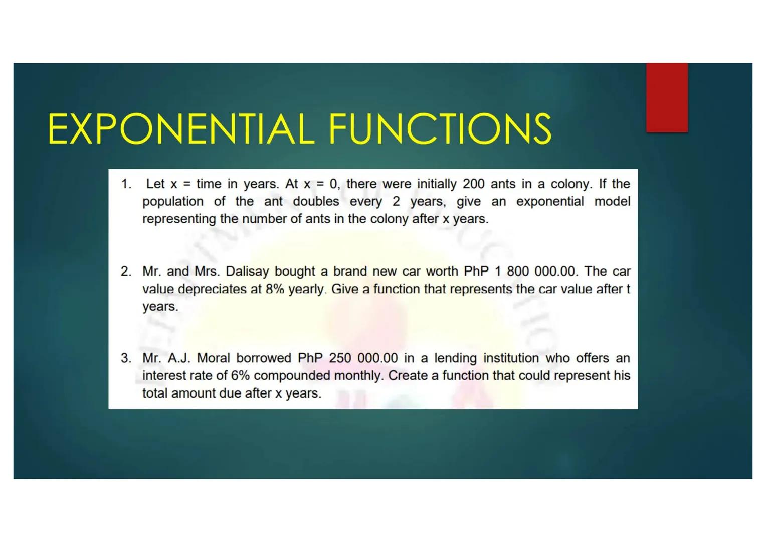 EXPONENTIAL FUNCTIONS
Compound Interest can be generally modeled by $A=P(1+\frac{r}{n})^{nt}$
Note:
where,
A is the compound amount;
P is th