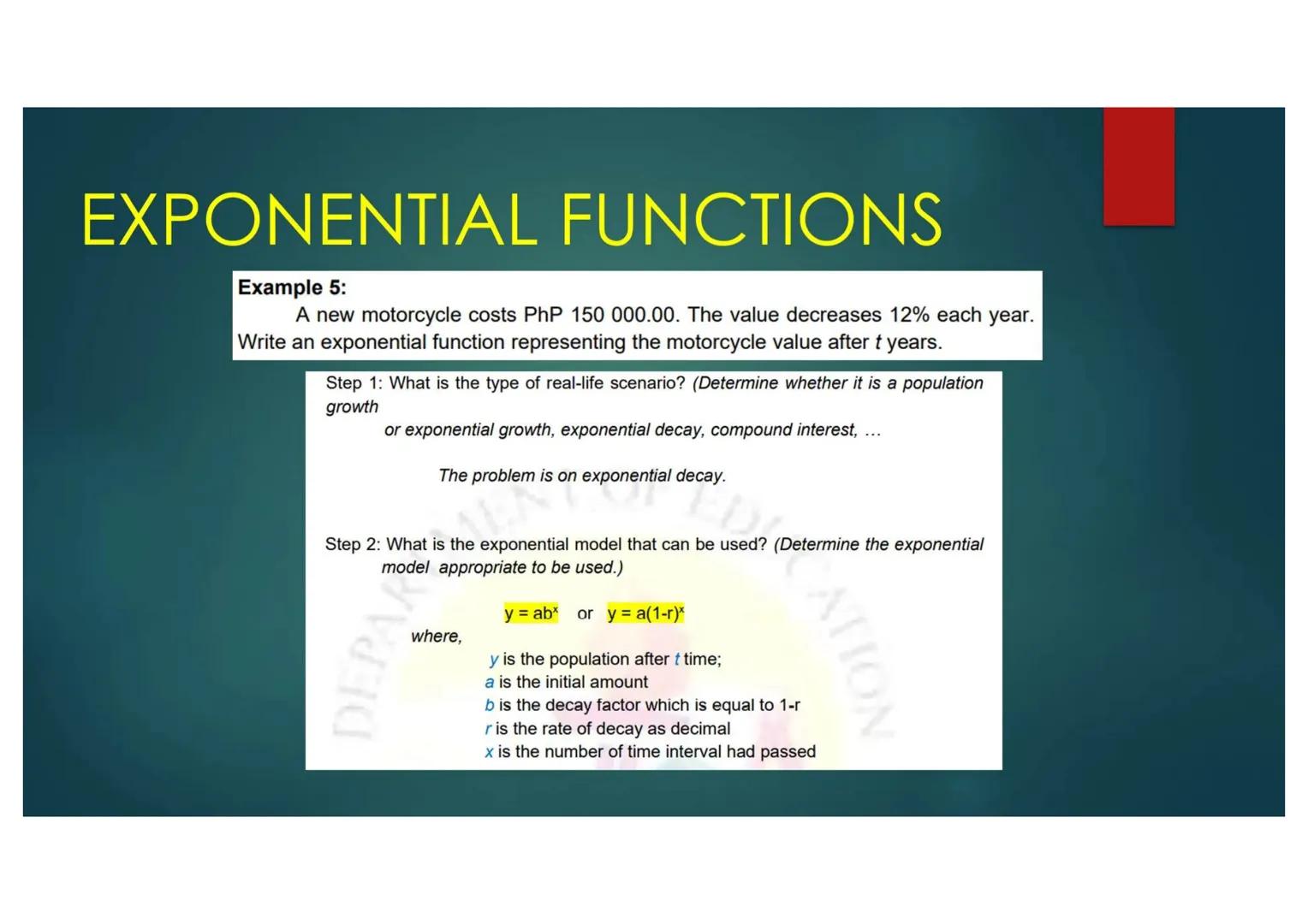 EXPONENTIAL FUNCTIONS
Compound Interest can be generally modeled by $A=P(1+\frac{r}{n})^{nt}$
Note:
where,
A is the compound amount;
P is th