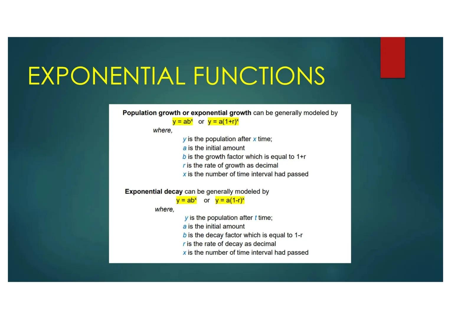 EXPONENTIAL FUNCTIONS
Compound Interest can be generally modeled by $A=P(1+\frac{r}{n})^{nt}$
Note:
where,
A is the compound amount;
P is th