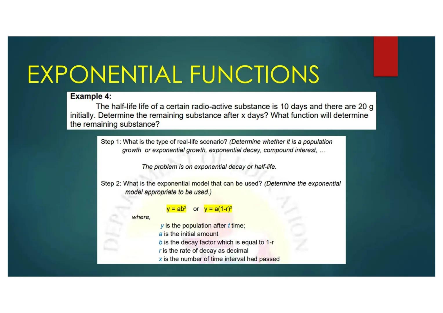 EXPONENTIAL FUNCTIONS
Compound Interest can be generally modeled by $A=P(1+\frac{r}{n})^{nt}$
Note:
where,
A is the compound amount;
P is th