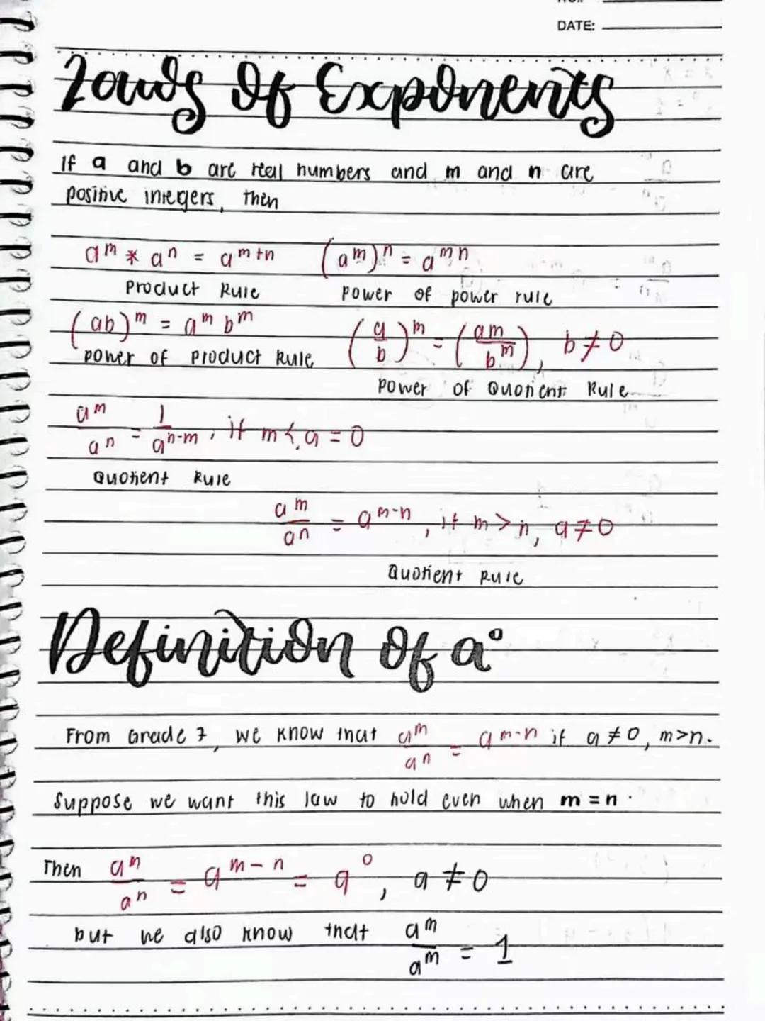 lecture notes in
MATH 9
3rd
QTR
Spring Einf
413
Spring Leaf
DO NOT RE-UPLOAD | @jona.notes --- OCR Start ---
DATE:
Laws of Exponents
If a an