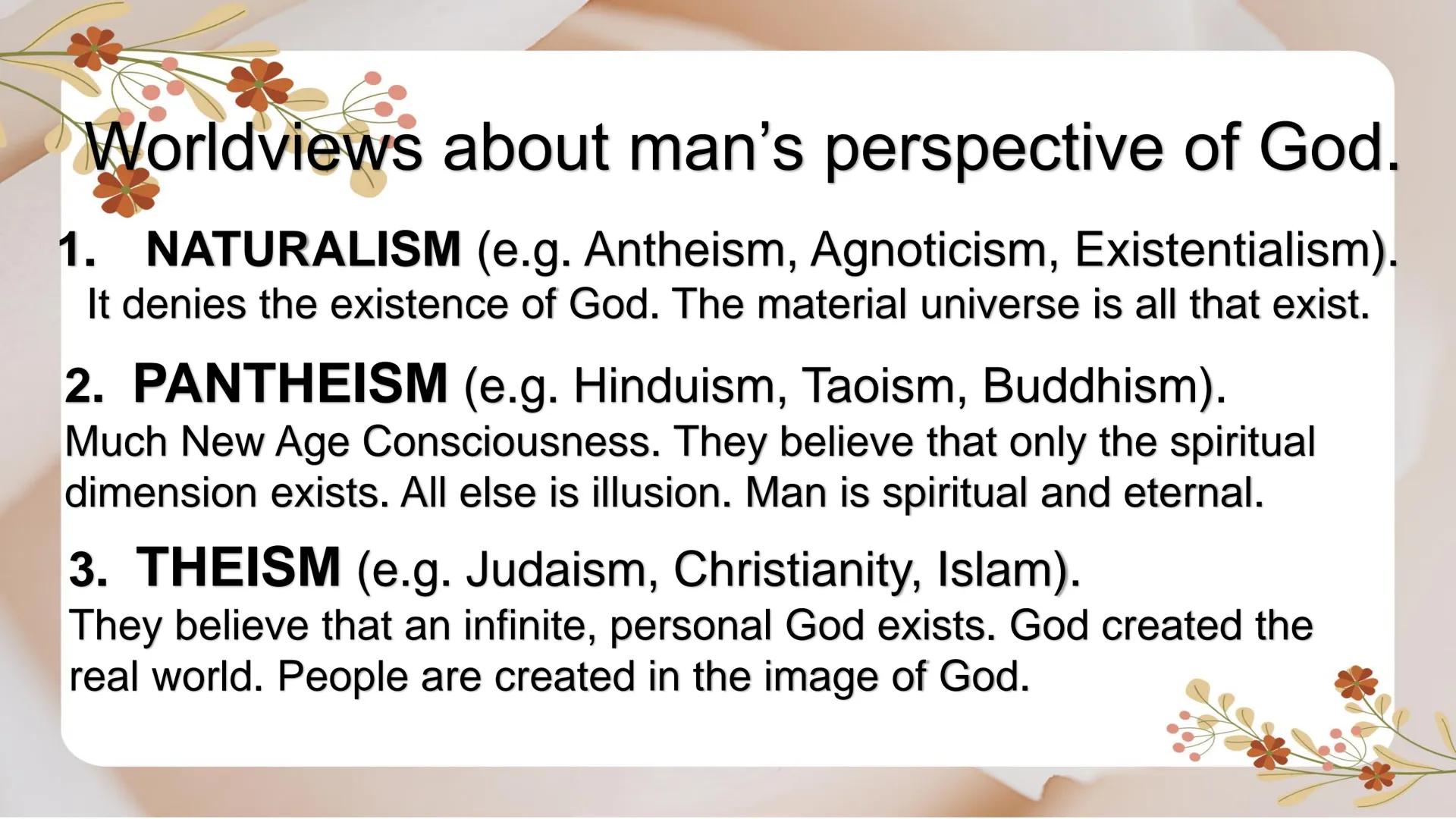 # Introduction to
# World Religions and
# Belief Systems DO YOU BELIEVE
IN GOD? OR
THERE IS AN
EXISTENCE OF
GOD? 1.
What are the things in m
