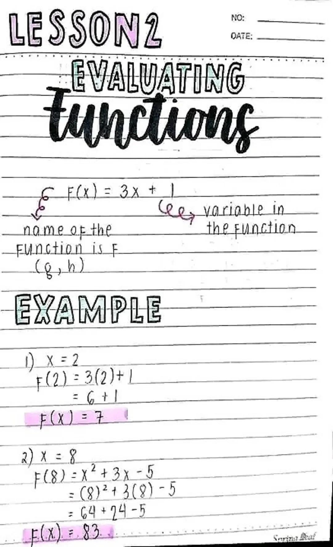 LESSON 1
NO:
DATE:
Relations &
Functions
RELATION
↔ a set of ordered pairs (x, y)
DOMAIN
↔ First coordinate in a relation,
(x); input; indep