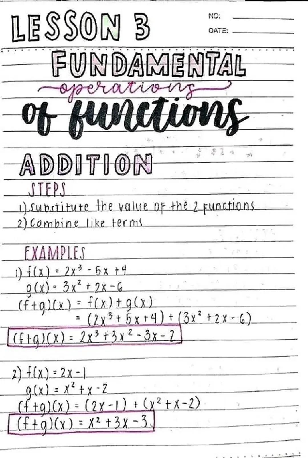 LESSON 1
NO:
DATE:
Relations &
Functions
RELATION
↔ a set of ordered pairs (x, y)
DOMAIN
↔ First coordinate in a relation,
(x); input; indep