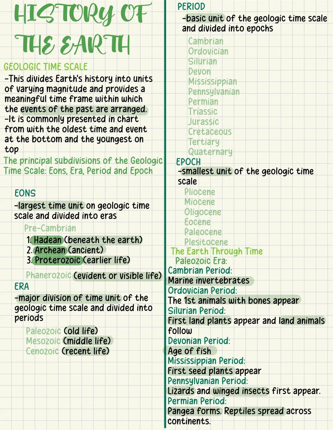 HISTORY OF
THE EARTH
GEOLOGIC TIME SCALE
-This divides Earth's history into units
of varying magnitude and provides a
meaningful time frame