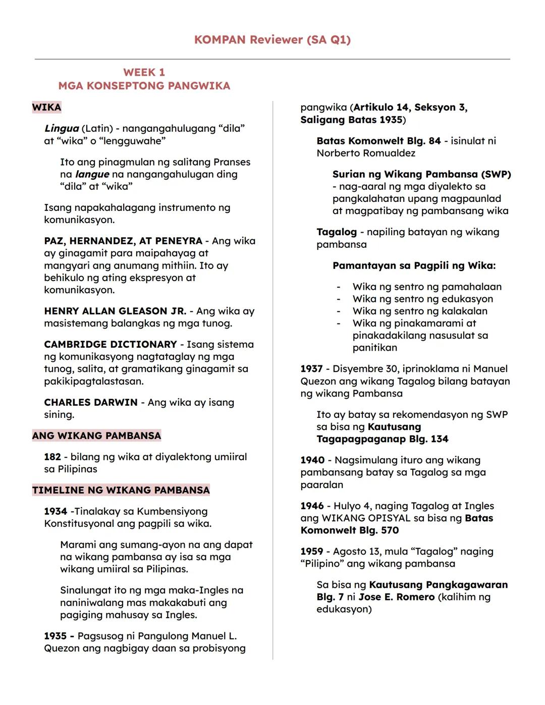 KOMPAN Reviewer (SA Q1)
WEEK 1
MGA KONSEPTONG PANGWIKA
WIKA
Lingua (Latin) - nangangahulugang "dila"
at "wika" o "lengguwahe"
Ito ang pinag