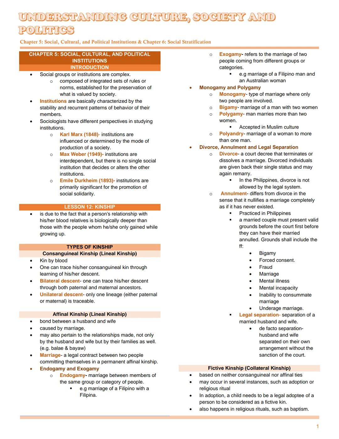 UNDERSTANDING CULTURE, SOCIETY AND
POLITICS
Chapter 5: Social, Cultural, and Political Institutions & Chapter 6: Social Stratification
CHAPT