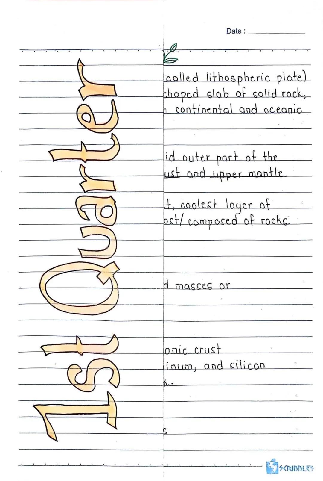 1st Quarter
S
Date:
called lithospheric plate)
shaped slab of solid rock,
In continental and oceanic
fid outer part of the
ust and upper man