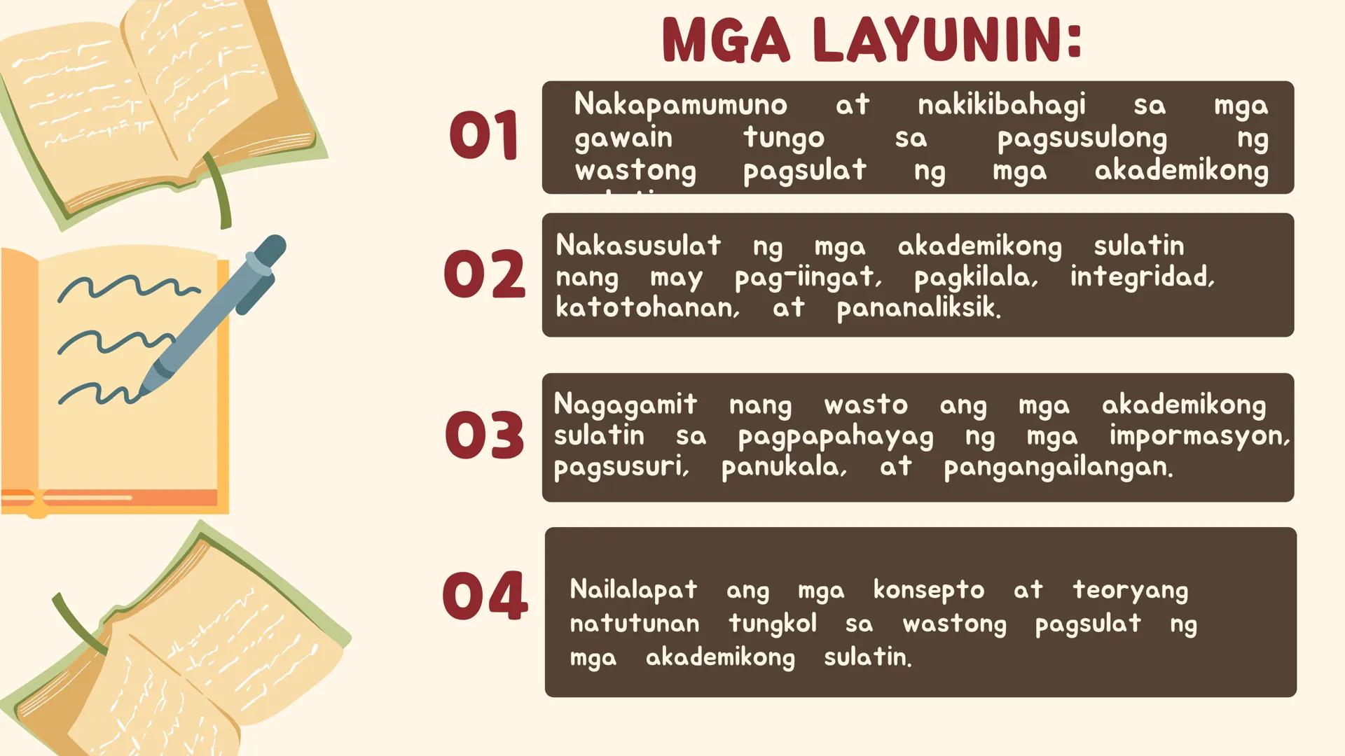 # FILIPINO SA PILING LARANG
# ANG
# PAGSUSULAT
ARALIN 1: 01
MGA LAYUNIN:
Nakapamumuno at nakikibahagi sa mga
gawain tungo sa pagsusulong n
