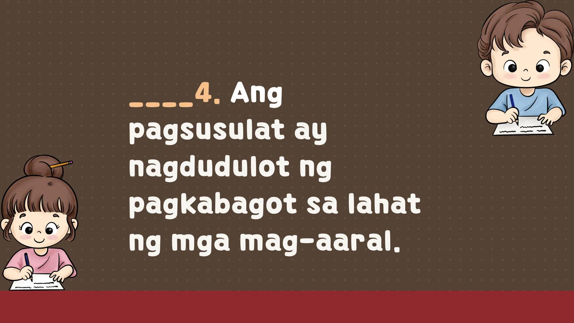 # FILIPINO SA PILING LARANG
# ANG
# PAGSUSULAT
ARALIN 1: 01
MGA LAYUNIN:
Nakapamumuno at nakikibahagi sa mga
gawain tungo sa pagsusulong n