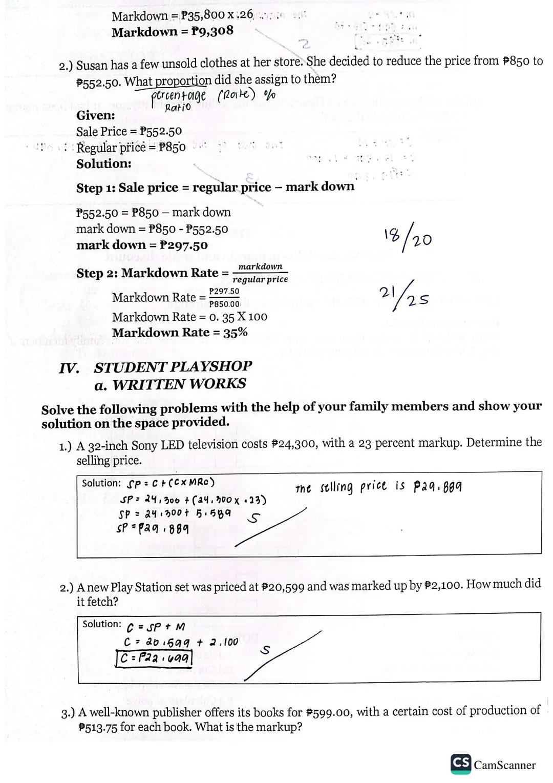 Markdown = P35,800 x .26
Markdown = P9,308
2
2.) Susan has a few unsold clothes at her store. She decided to reduce the price from P850 to
P
