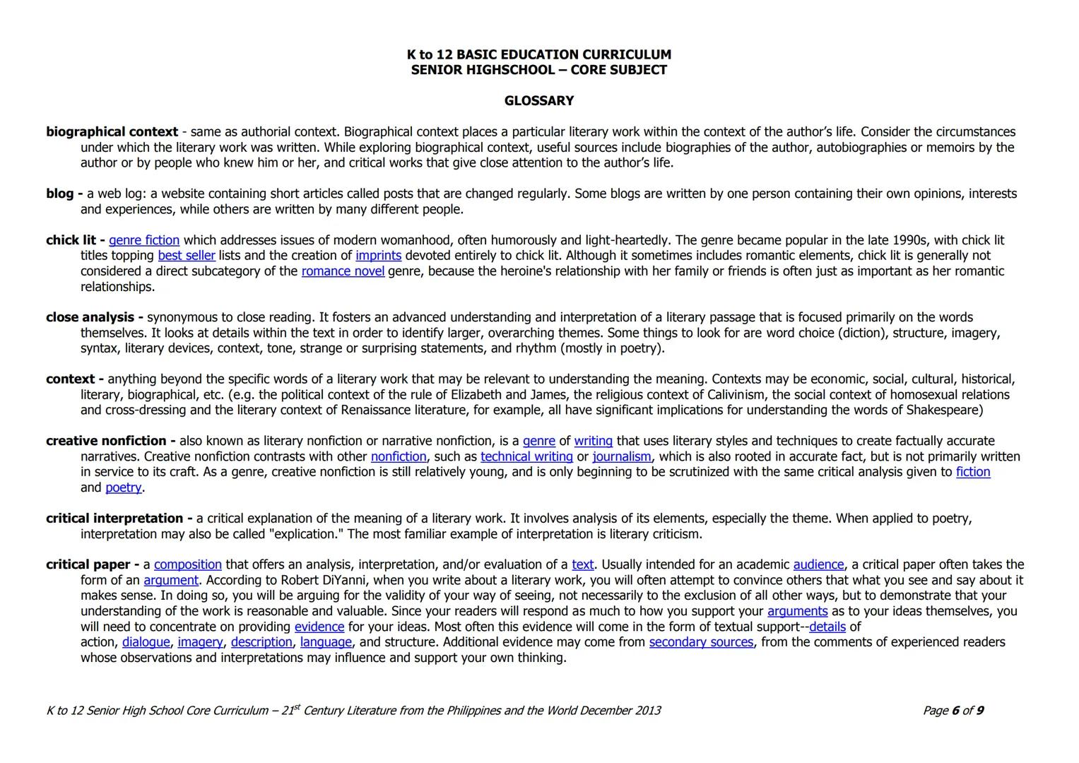 Grade: 11/12
K to 12 BASIC EDUCATION CURRICULUM
SENIOR HIGHSCHOOL - CORE SUBJECT
Quarter I - 21st Century Philippine Literature from the
21s