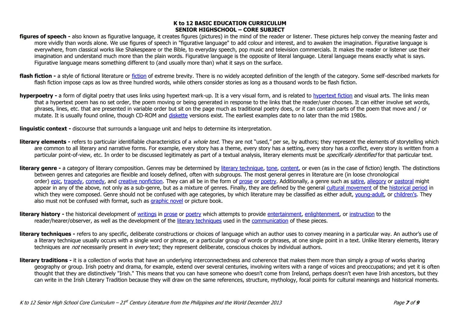 Grade: 11/12
K to 12 BASIC EDUCATION CURRICULUM
SENIOR HIGHSCHOOL - CORE SUBJECT
Quarter I - 21st Century Philippine Literature from the
21s