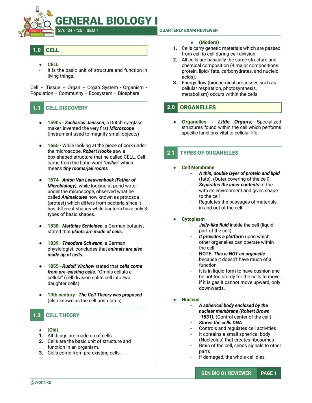 GENERAL BIOLOGY I
S.Y. '24-'25 | SEM 1
QUARTERLY EXAM REVIEWER
1.0 CELL
CELL
- It is the basic unit of structure and function in
living thin