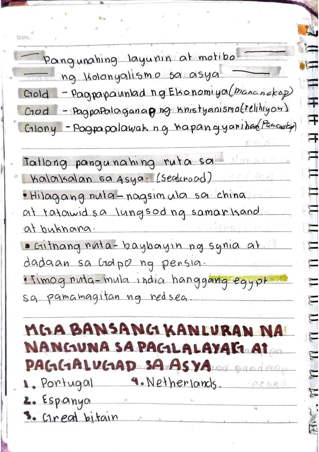 Date.
---
Pangunahing layunin at motibo
ng kolonyalismo sa asya
---
Gold - Pagpapaunlad ng Ekonomiya (mananakop)
God - Pagpapalaganap ng kri