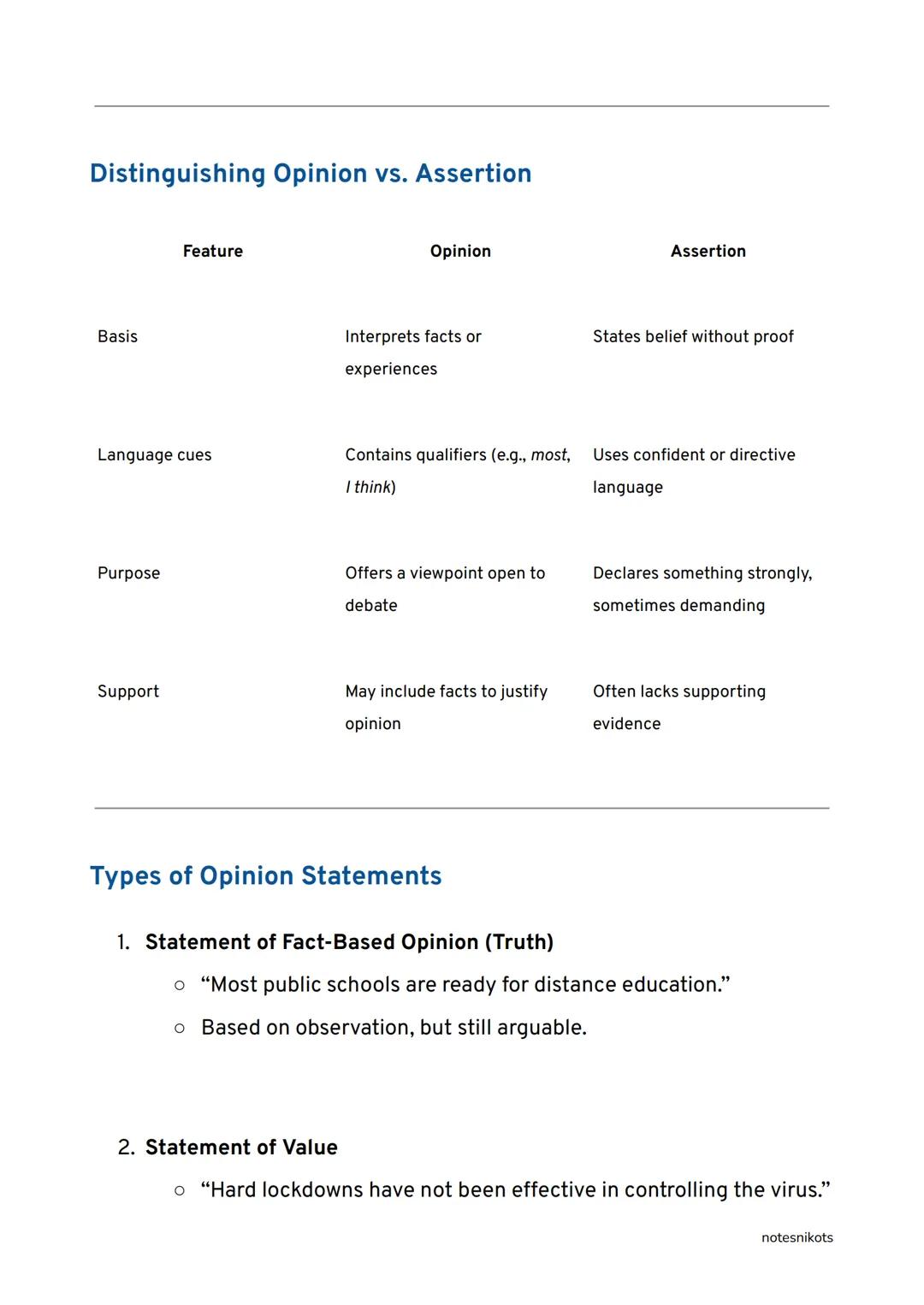 Formulating a Statement of Opinion or
Assertion
English 10 | Quarter 2 | Lesson 3
Understanding Key Terms
Opinion
• A personal judgment or b