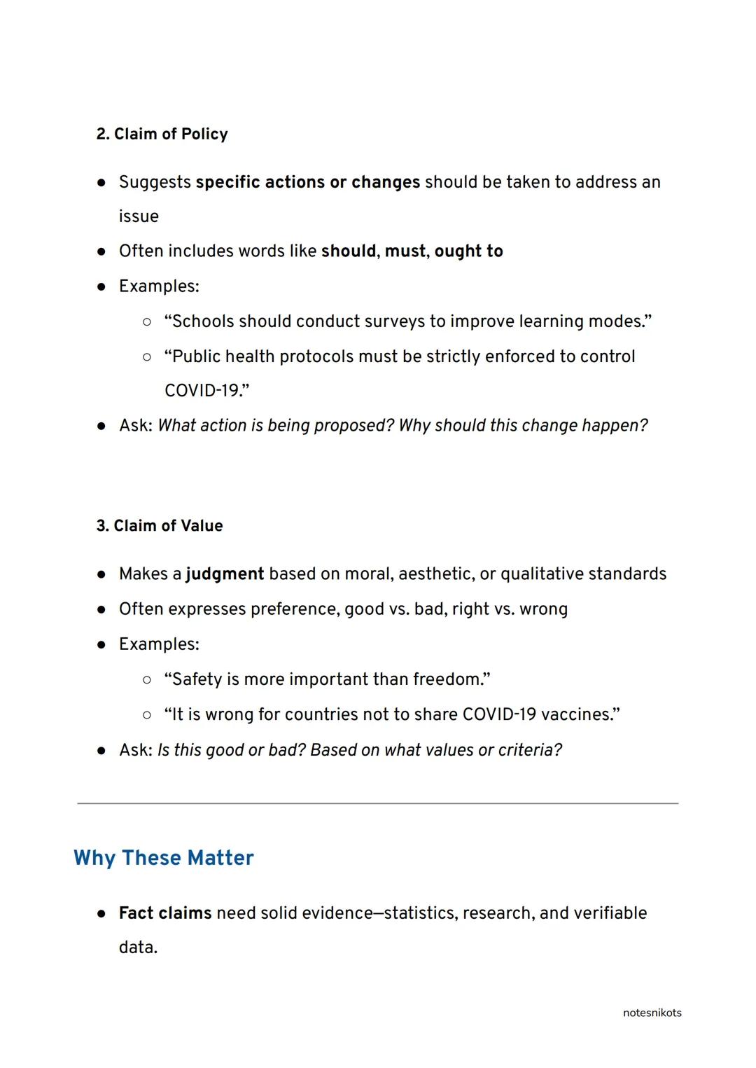Formulating Claims of Fact, Policy, and
Value
English 10 | Quarter 2 | Lesson 5
What's a Claim?
A claim is the main statement in an argument