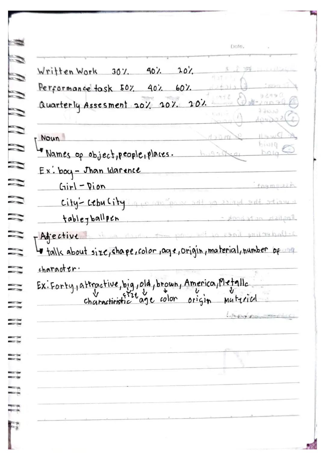 F
Date.
Written Work 30%. 40% 20%
Performance task 50% 40% 60%.
Quarterly Assesment 20% 20% 20%
Noun
* Names of object, people, places.
Ex: