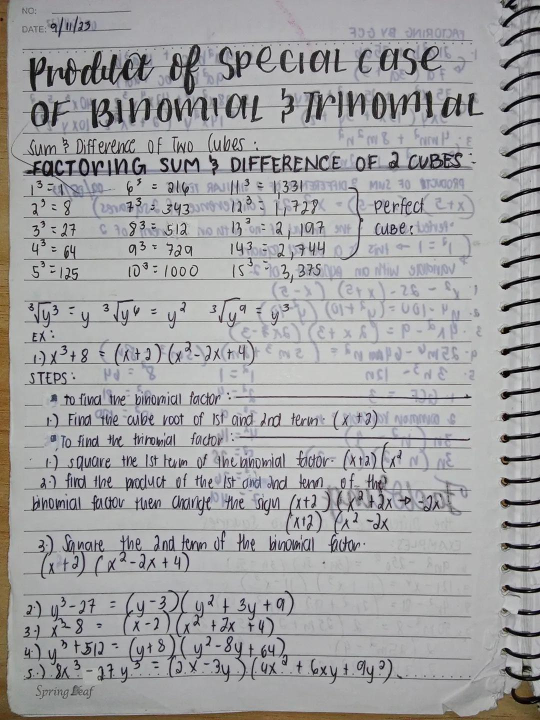 Special products
NO:
DATE: 09/03/23
The product of 2 Binomials ( FOIL METHOD)
(a + b) (c+d) = ab + ad + bc + bd
2
ex. 1.(x+1)(x+2) = x² + 2x