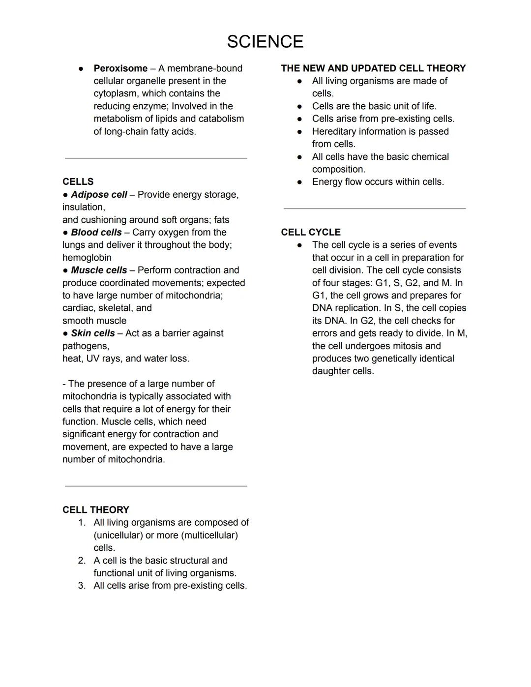 SCIENCE
BIOLOGY
PROKARYOTIC & EUKARYOTIC CELLS
* Prokaryotic Cells - DNA not enclosed,
only nucleoid region; no membrane-bound
organelles; n
