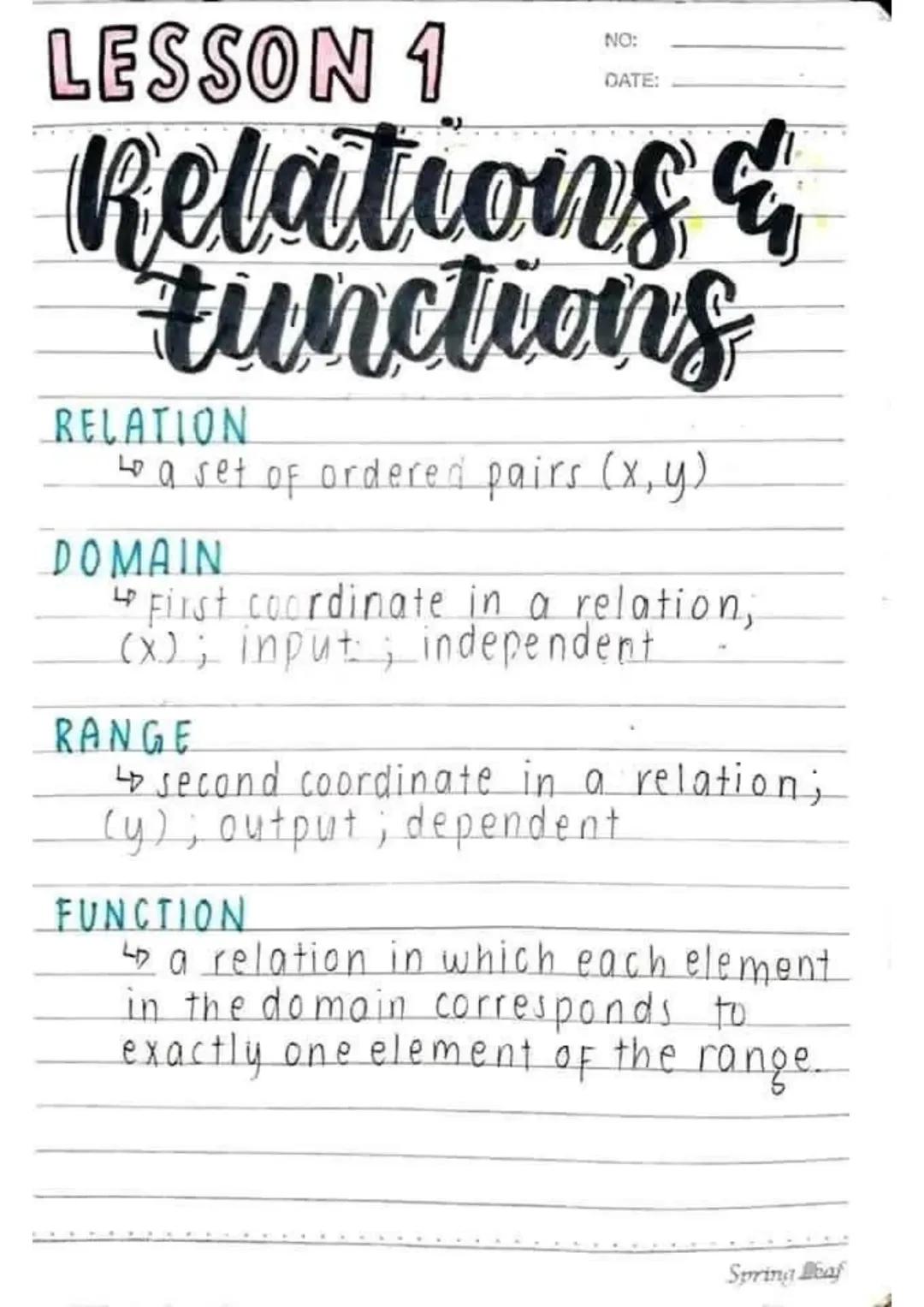 LESSON 1
NO:
DATE:
Relations &
functions
RELATION
↳ a set of ordered pairs (x, y)
DOMAIN
↳ First coordinate in a relation,
(x); input; indep