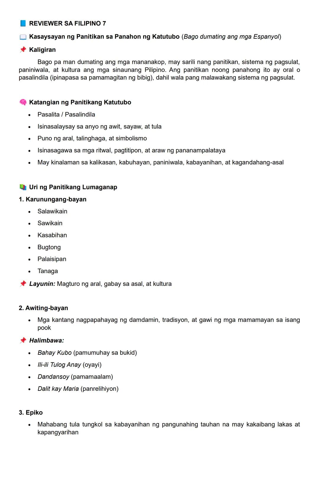 REVIEWER SA FILIPINO 7
Kasaysayan ng Panitikan sa Panahon ng Katutubo (Bago dumating ang mga Espanyol)
◆ Kaligiran
Bago pa man dumating ang