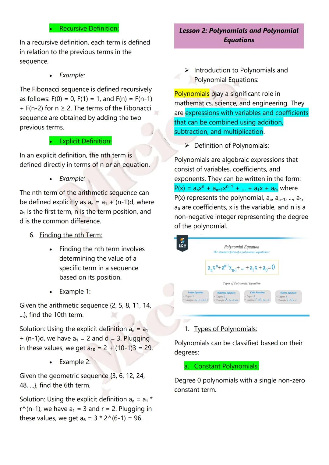 Miciela
ALL RIGHTS RESERVED MATH 10
Table of Contents:
1st Quarter
1. Sequences
Introduction to Sequences
Terms and Notation
Recursive and E