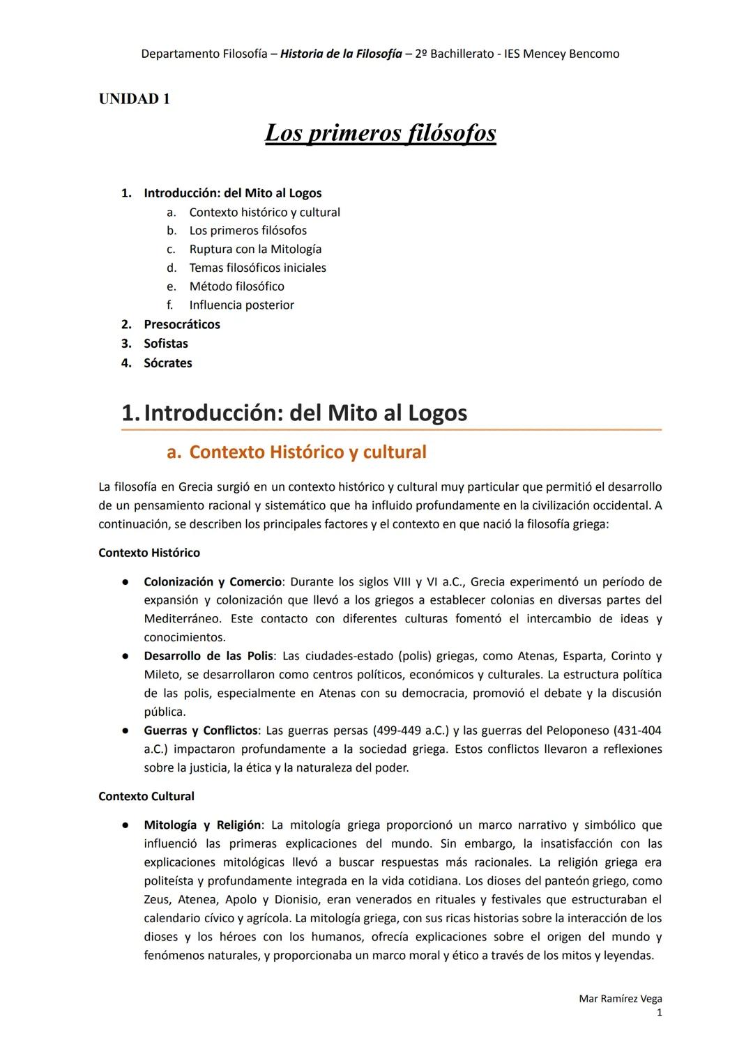 Departamento Filosofía - Historia de la Filosofía - 2º Bachillerato - IES Mencey Bencomo
UNIDAD 1
# Los primeros filósofos
1. Introducció