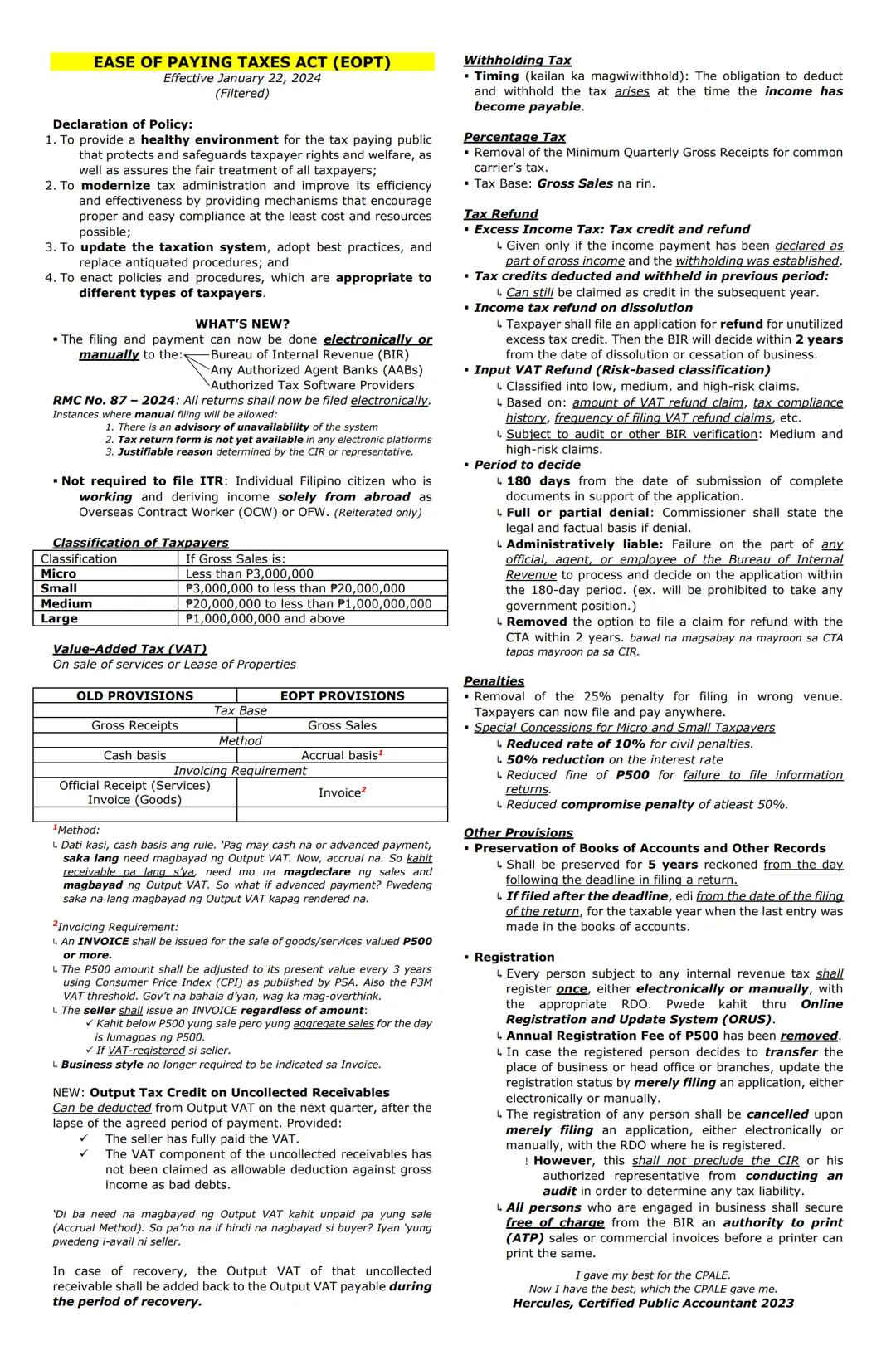 PREFERENTIAL TAX
SENIOR CITIZENS LAW AND
MAGNA CARTA FOR DISABLED PERSONS
Compensation as MWE - Exempt from income tax.
20% Discount
▼