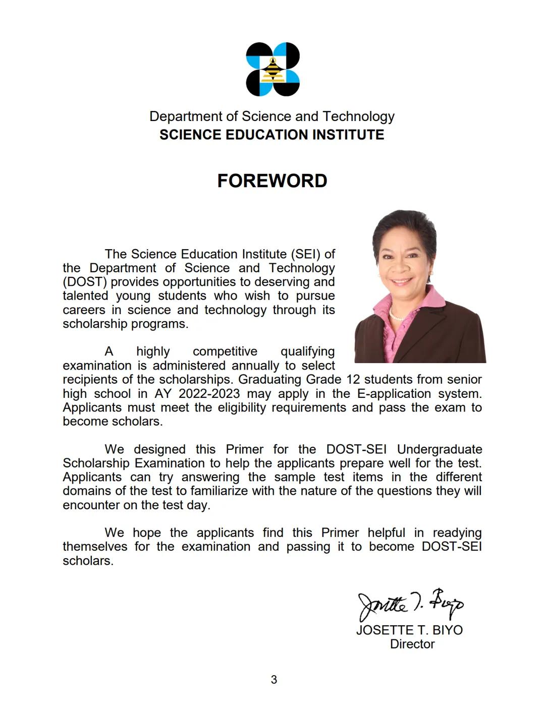 NOT FOR SALE
PRIMER
on the DOST-SEI
Science and Technology
UNDERGRADUATE
SCHOLARSHIP
ΕΧΑΜΙΝΑΤΙΟΝ
Department of Science and Technology
S