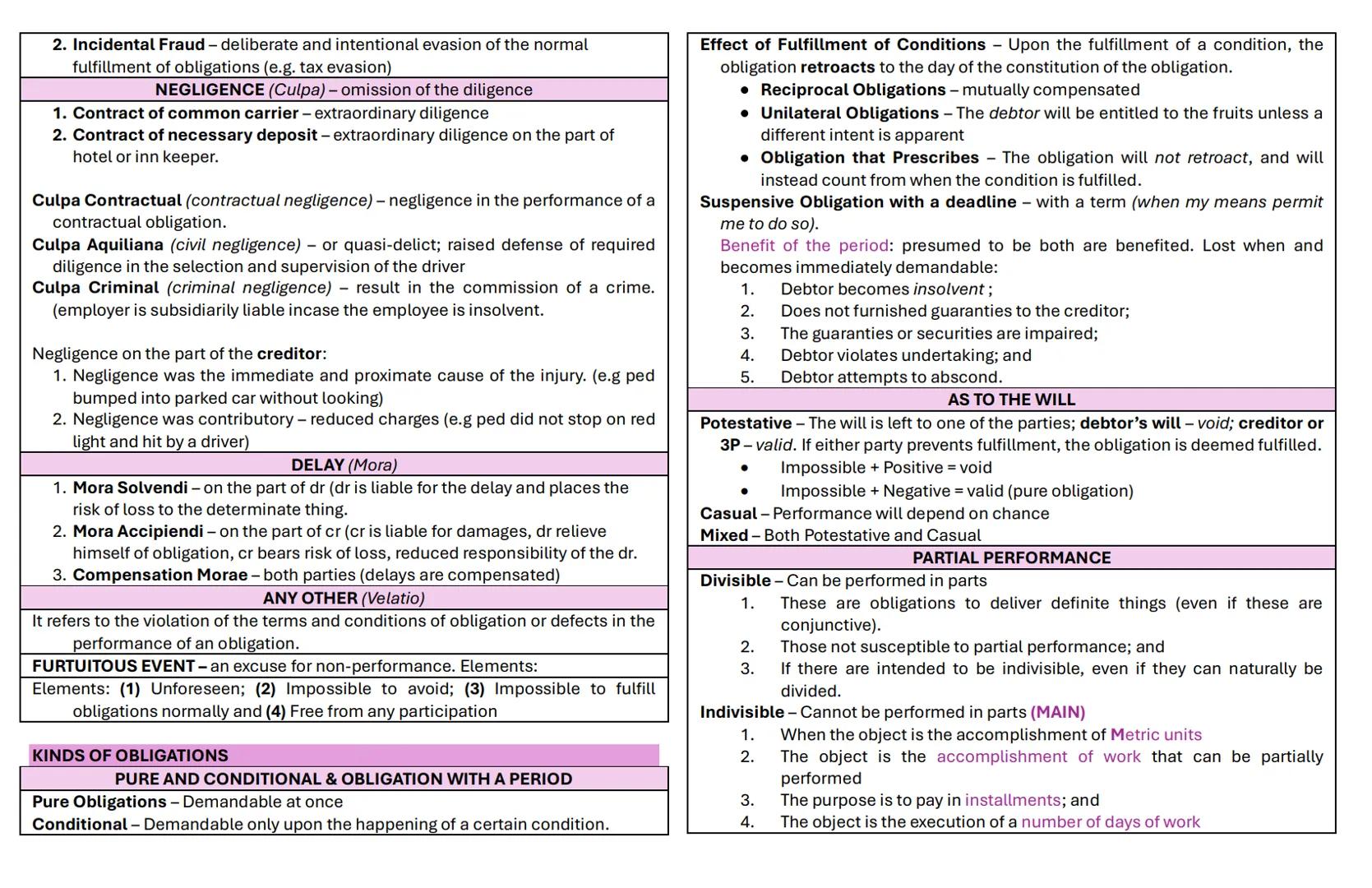 # OBLIGATIONS
An obligation is a juridical necessity to give, to do or not to do.
Elements:
2) to deliver the thing and
3) to deliver the ac