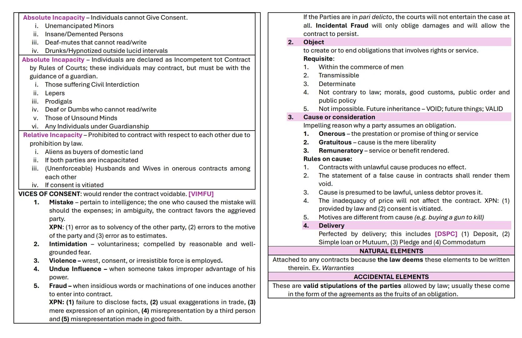 # OBLIGATIONS
An obligation is a juridical necessity to give, to do or not to do.
Elements:
2) to deliver the thing and
3) to deliver the ac