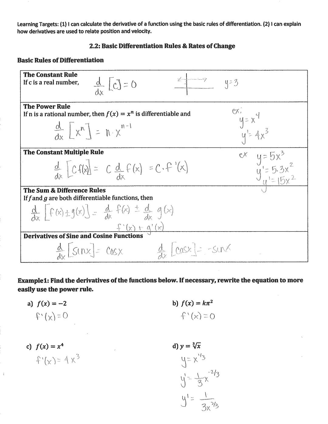 Learning Targets: (1) I can calculate the derivative of a function using the basic rules of differentiation. (2) I can explain
how derivativ